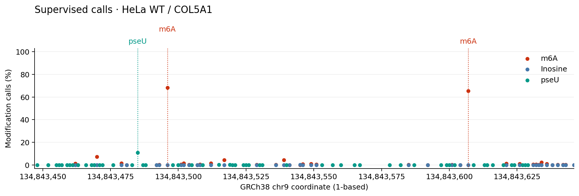 Supervised m6A, inosine, and pseU percentages in the COL5A1 window from two classifiers.